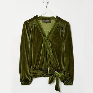 CLOSING SALE! 
Fat Face Reese Velvet Wrap Top Long-Sleeve V-neck in Olive Green